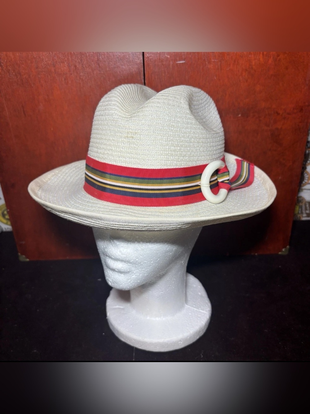 Vintage White Straw Fedora Panama Hat Striped Ribbon Band Made in Taiwan ROC